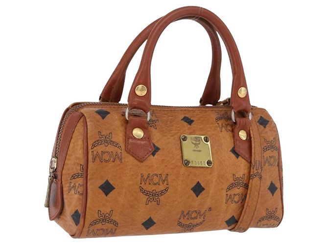 Bolsa Mini Boston MCM Logogram Vicetos em PVC e couro 2way Marrom Dourado Auth 192038