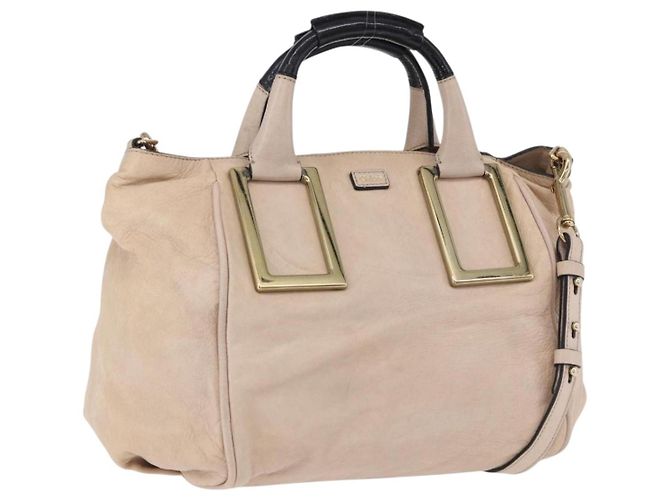 Chloé Bolsa Chloe Etel de Couro 2way Bege Dourado Auth BA14456