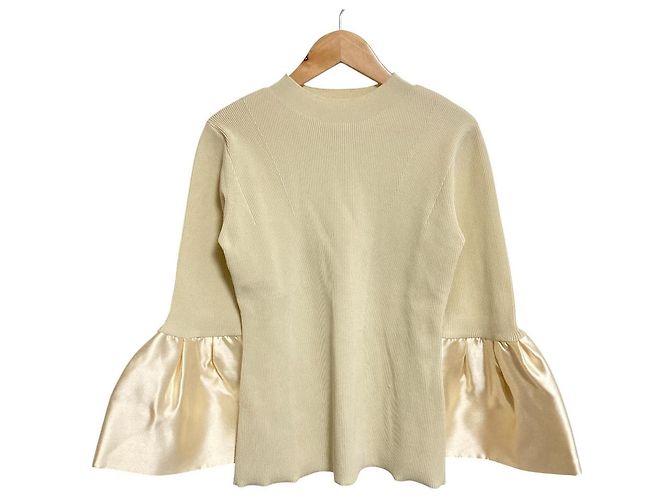 Autre Marque CELFORD Bell Sleeve Rippstrick-Pullover Beige