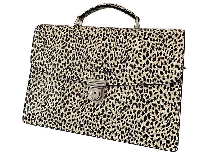 Céline Leopard Print Leather Briefcase Bag Black White
