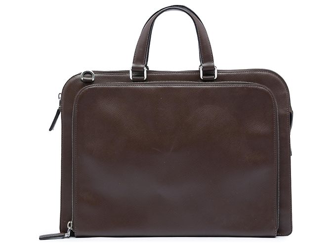Pasta de couro Saffiano marrom da Prada com bolso frontal com zíper Castanho escuro
