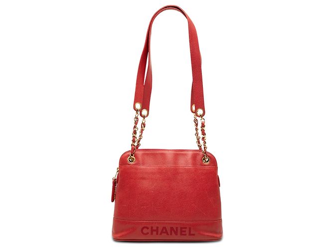 Borsa a Spalla Chanel Red Caviar Logo Chain Rosso