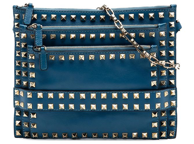 Borsa a tracolla Valentino in pelle blu Rockstud con tripla zip