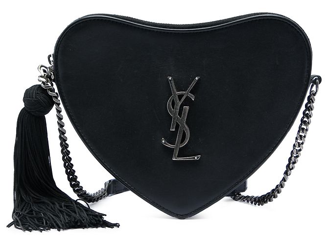 Borsa a tracolla Saint Laurent in pelle nera con monogramma, cuore e nappa Nero