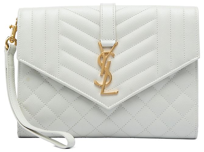 Saint Laurent White Grain De Poudre Triquilt Monogram Envelope Clutch Weiß
