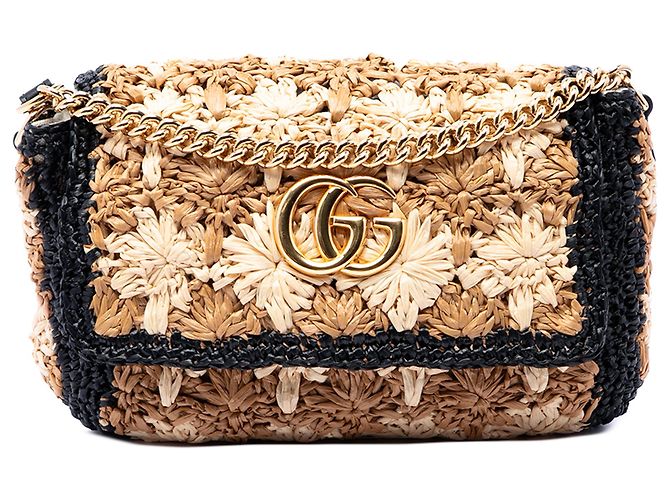 Gucci Beige Small GG Marmont in Raffia a tracolla