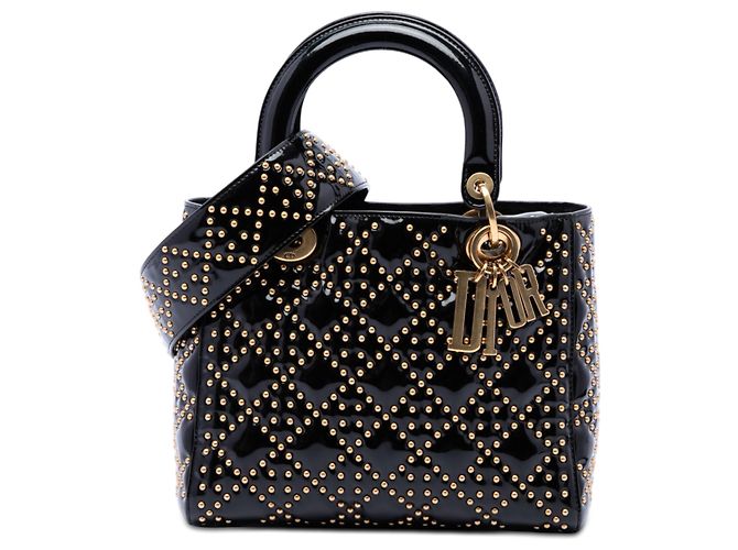 Dior Black Medium Patent Cannage Studded Supple Lady Dior Noir