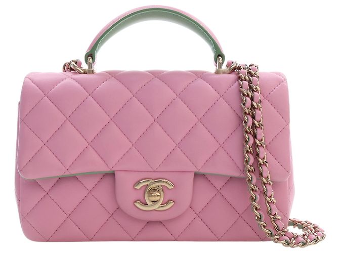 Chanel Mini Rectangular Bicolor Quilted Lambskin Top Handle Flap Rose