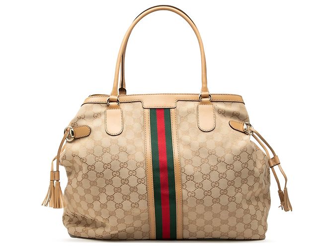 Gucci Beige GG Canvas Web Tassel Tote