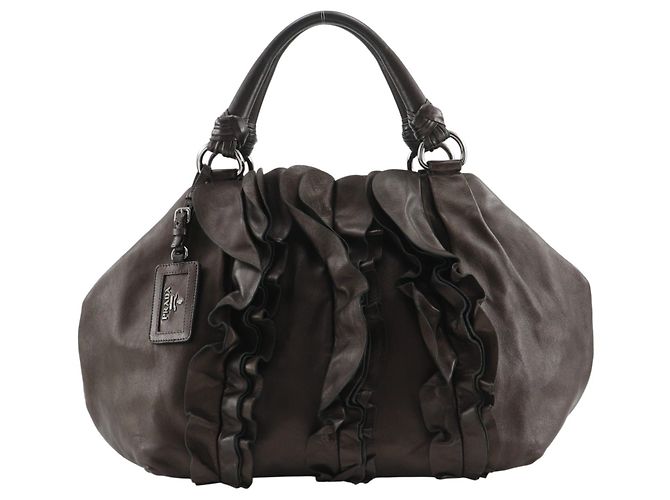 Bolsa Tote de Couro com Babados Prada Marrom