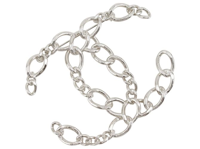 Chanel Coco Mark Durchbrochene Kettenbrosche Silber Metallisch