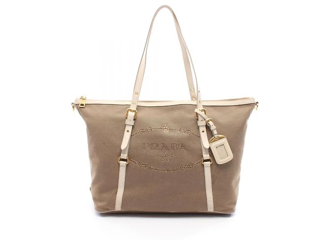 Prada LOGO JACQUARD Canvas Leather Tote Bag Green