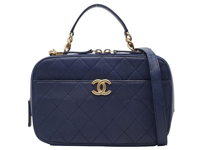 Vanity Bolsa de Ombro Chanel Matelassé Coco Mark Chain Azul marinho