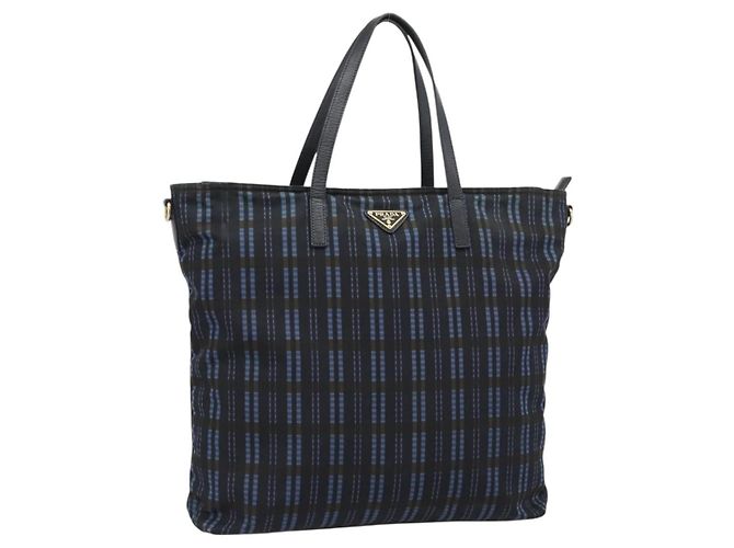 PRADA Tote Bag Nylon Navy Gold Tone Auth 192816A Marineblau