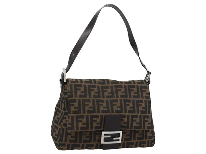 FENDI Zucca Canvas Mamma Baguette Shoulder Bag Brown Black Auth BA14486V Marron Noir