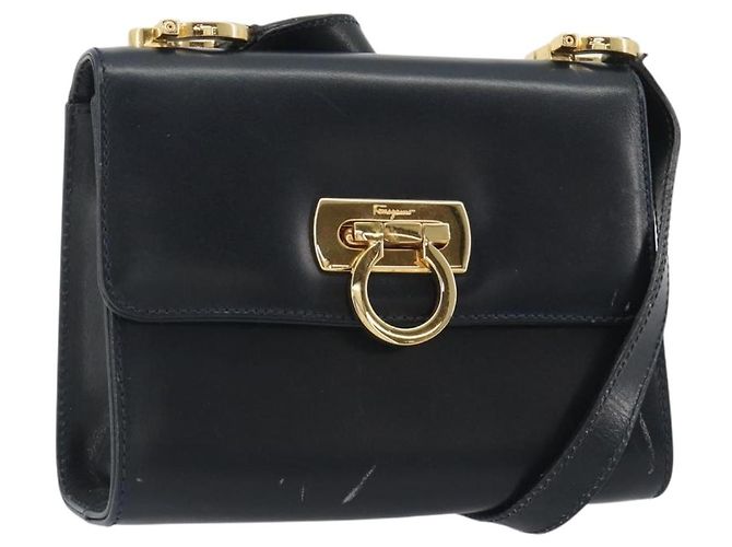 Borsa a tracolla Salvatore Ferragamo Gancini in pelle blu navy e oro Auth BA14387 D'oro