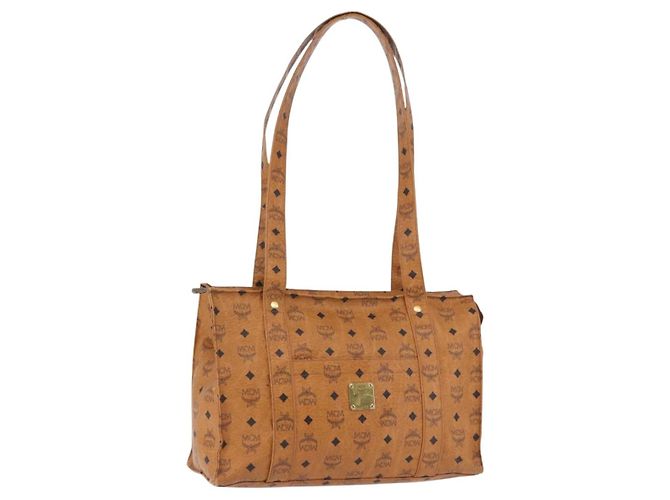 Bolsa Tote MCM Vicetos Logogram em PVC e couro marrom com detalhes dourados Auth BA14482A