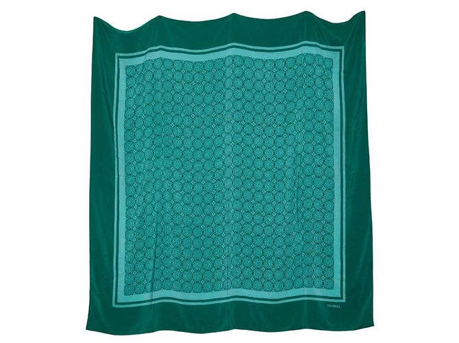 Chanel Green Silk Geometric Pattern Stole