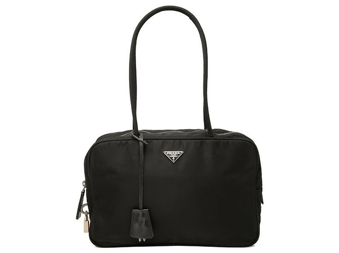 Borsa a mano con placca logo Triangle Prada Nero 