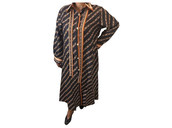 Hermès Vestido largo de seda Zimmermann estampado de cadena Castaño Negro