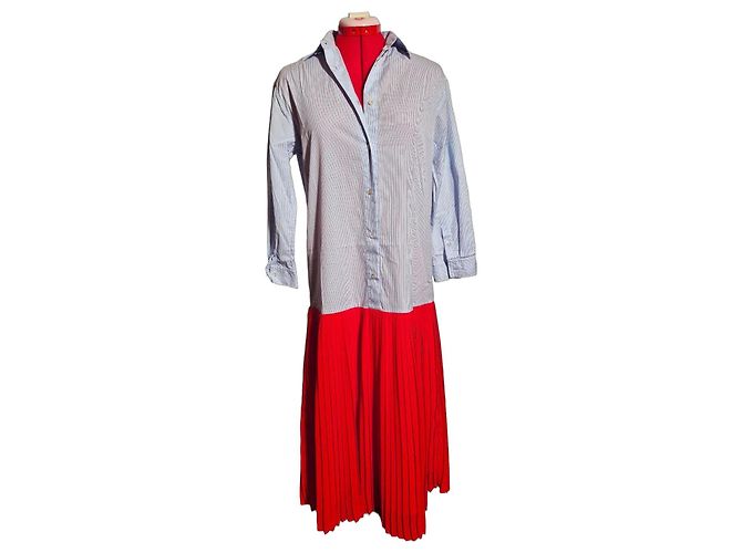 Sandro Vestido camisa riscas azuis e saia plissada vermelha Vermelho Azul