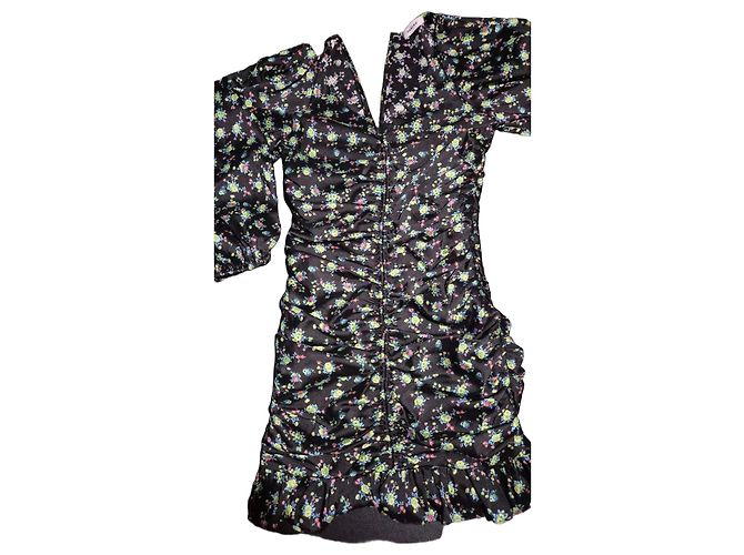 Sandro schwarzes Kleid mit Blumenmuster und Raffung Mehrfarben