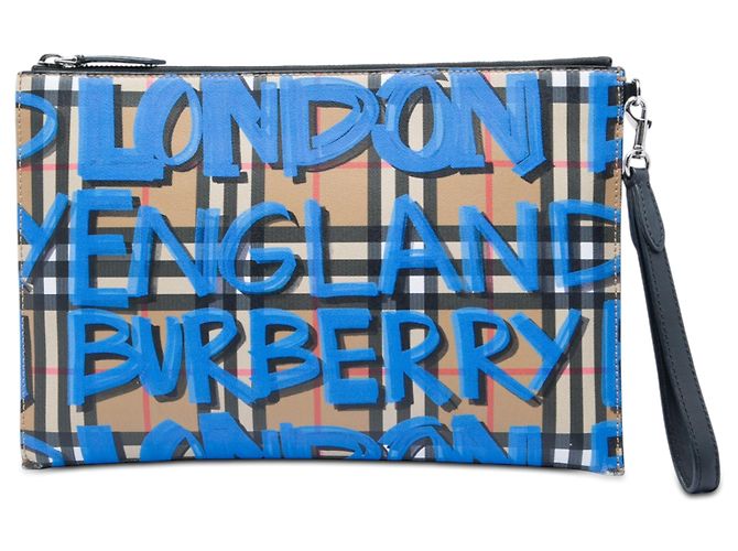 Pochette con zip Burberry Beige House Check Canvas Graffiti