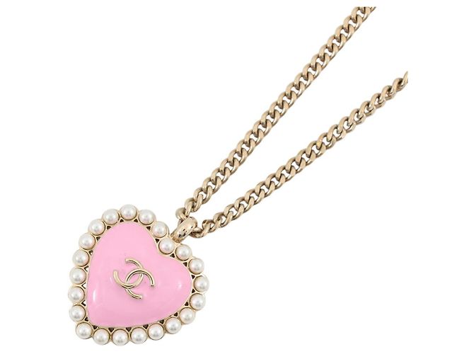 Chanel Coco Mark Heart Necklace Pink Golden