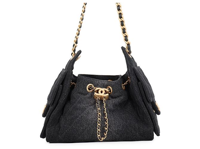 Borsa a Spalla Chanel Black Denim Chain Nero