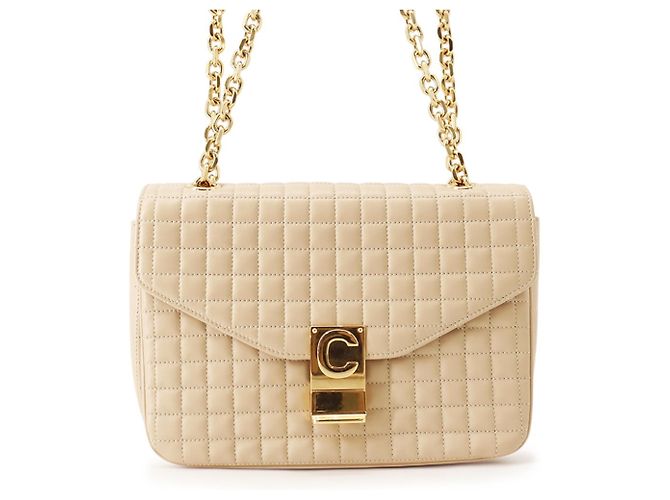 Céline Bolsa de Alça Celine Chain Shoulder Bag C Medium Matelassê Bege