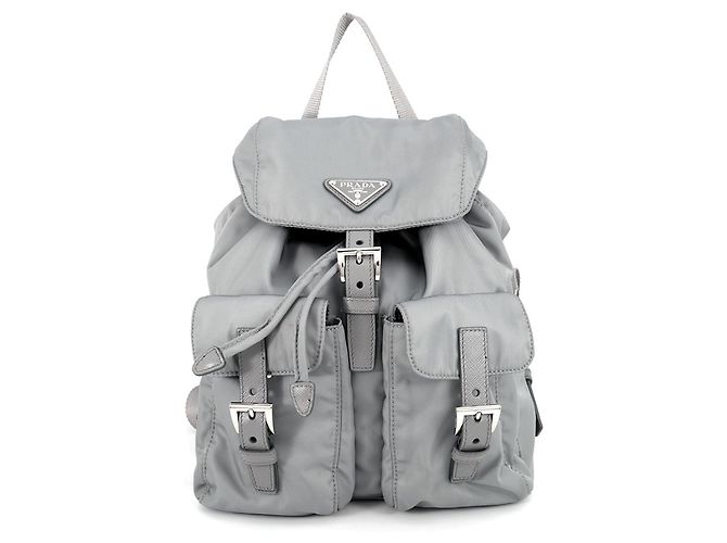 Pequena bolsa Prada em nylon cinza e couro Saffiano Marrom