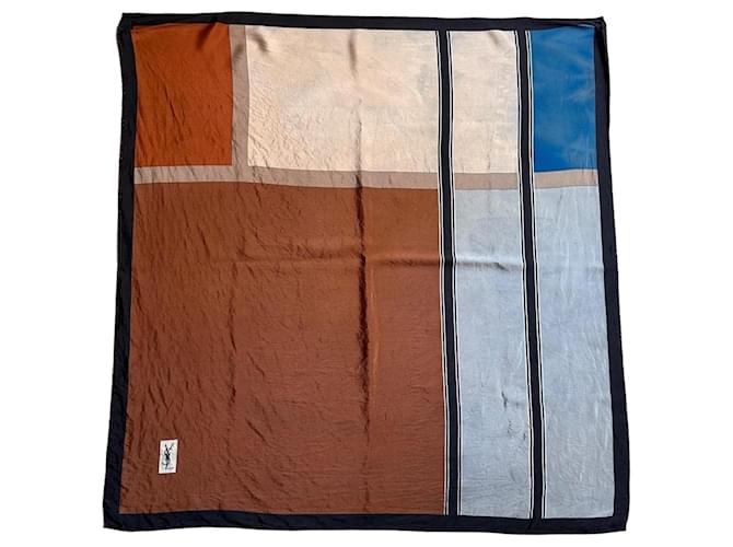 Carré en soie Yves Saint Laurent Motif Géométrique Marron Noir Bleu Beige 