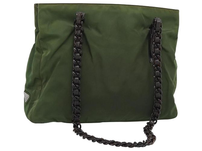 PRADA Nylon Tote Bag mit Kunststoffkette Grün Authentisch 192297