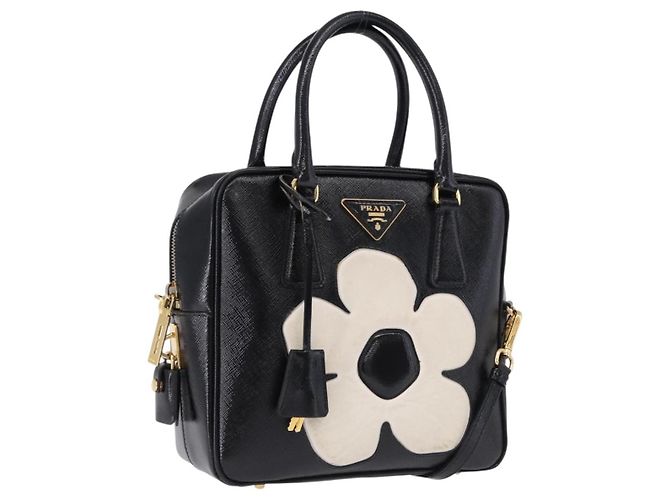 PRADA Hand Bag Saffiano leather 2way Black Gold Tone Auth 192692A