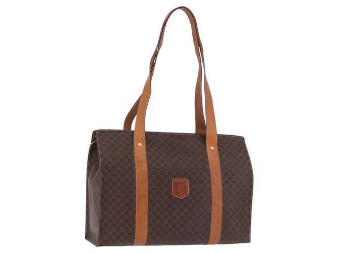Céline Bolsa de Ombro CELINE Macadam Canvas PVC Couro Marrom Ouro Auth ka5258 Dourado