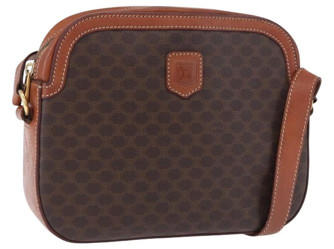 Céline Bolsa de Ombro CELINE Macadam Canvas PVC Couro Marrom Ouro Auth BA14318 Dourado