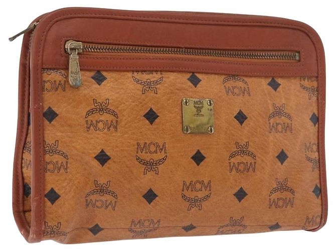 Clutch MCM Logogram Vicetos in pelle PVC Marrone Oro Auth gh2154 D'oro