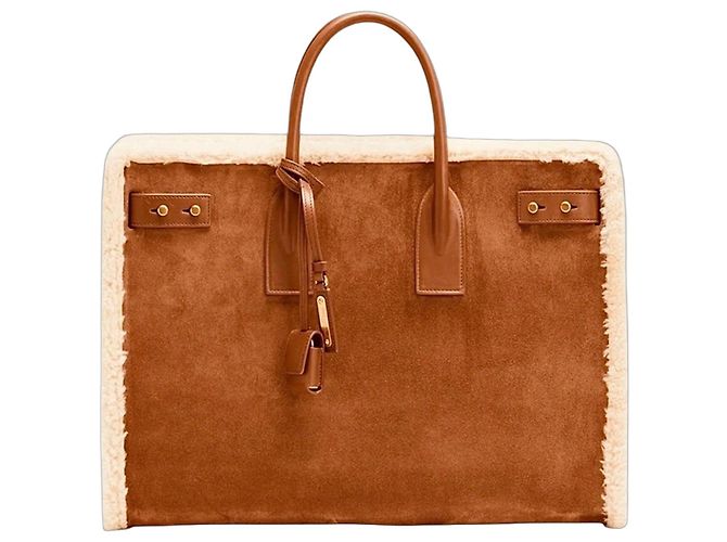 Saint Laurent De Jour Sac Cabas Daim et Shearling Marron
