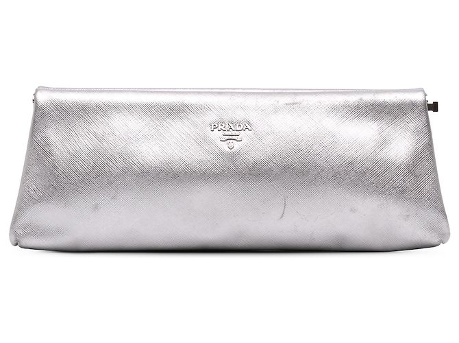Prada Silver Metallic Saffiano Frame Clutch Silber