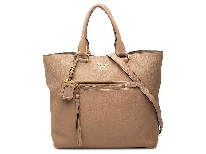 Tote convertibile Prada Beige Vitello Daino con zip frontale