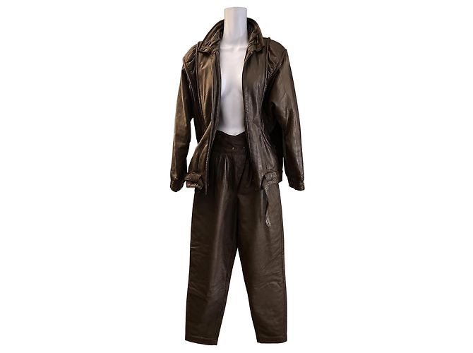 Autre Marque Brown Leather Jacket and Trousers Two-Piece Set Khaki Taupe
