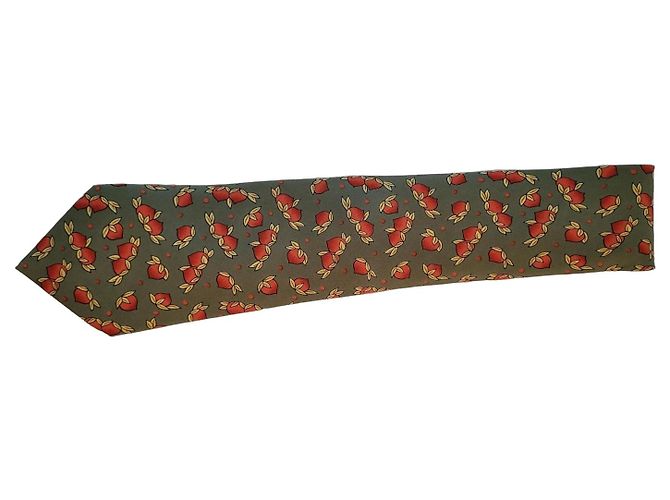 Hermès Silk Tie Peach Pattern Green Red Yellow