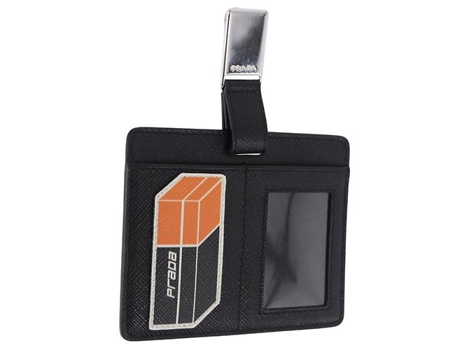 Saffiano PRADA Card Case Safiano leather Black Silver 2MC122 Auth BA14392A Silvery