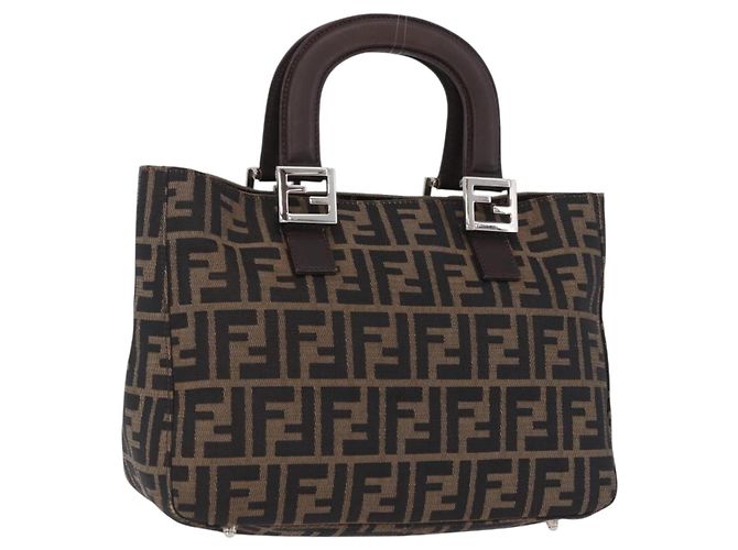 Bolsa de Mão FENDI Zucca Canvas Marrom Prata Auth 192690A