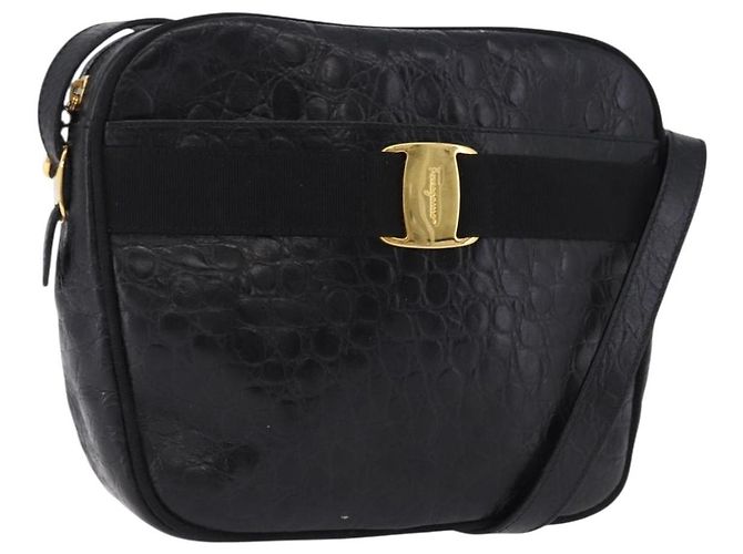Borsa a Spalla Salvatore Ferragamo Vala in Pelle Goffrata Nera e Oro Auth ka5282 Nero D'oro