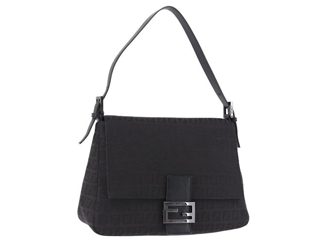 FENDI Zucchino Canvas Mamma Baguette Borsa a mano Nera Argento Auth BA14344 Nero