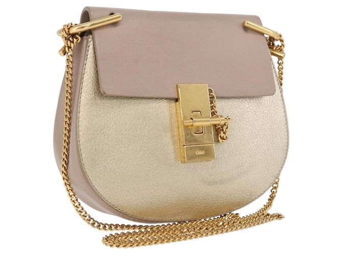 Chloé Bolsa de Ombro com Corrente Chloe Drew em Couro Bege Ouro Auth BA14348 Dourado