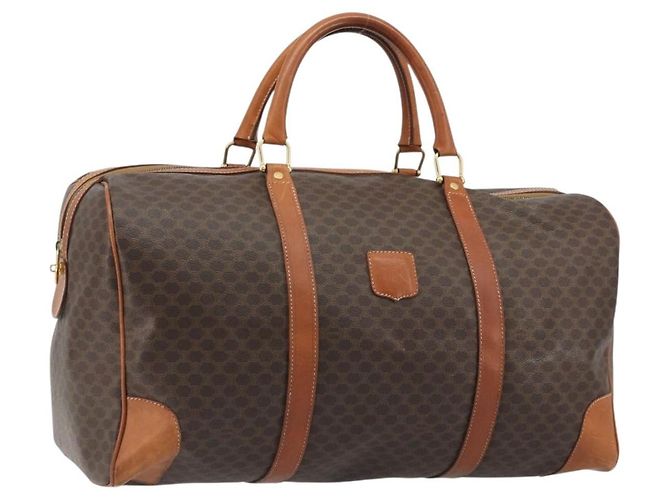 Céline Bolsa Boston CELINE Macadam Canvas PVC Couro Marrom Ouro Auth 186569 Dourado