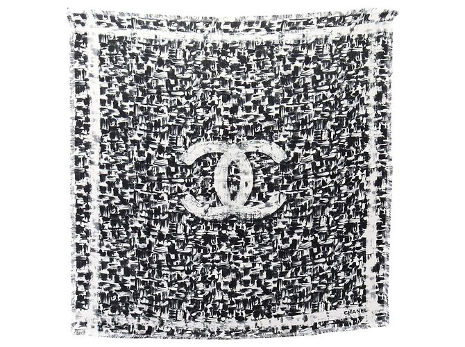 Sciarpa in seta Chanel Coco Mark Nero Bianco 