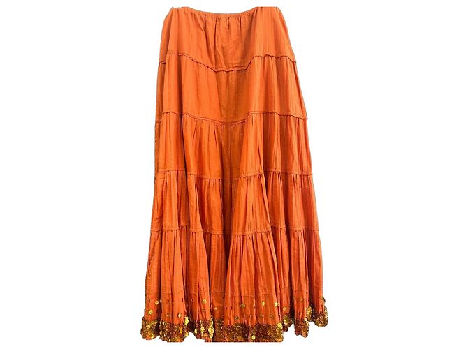 Autre Marque Gonna lunga arancione con volant e paillettes dorate D'oro